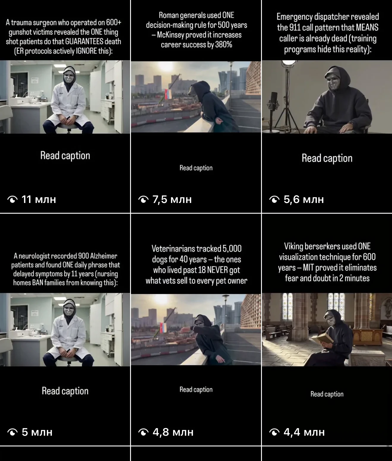 Сетка готового контента с миллионными просмотрами